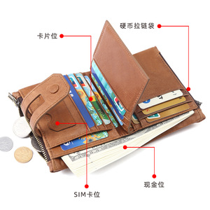 Cartera de cuero genuino para hombre, tarjetero corto antirrobo con doble cremallera, monedero informal para uso diario, color marrón - Product Image 2