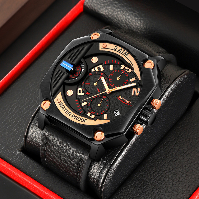 SKMEI 9343 Mens Big Dial Watch, Dual Time Zone Leather Strap Analog Quartz Wrist Watch with Date Display