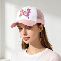 Casquette Trucker 5 Panneaux en Maille Souple, Broderie Florale Papillon Colorée, Visière Courbée, Résistante à la Transpiration, Réglable, Vente en Gros
