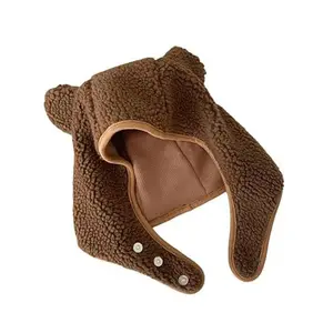 S123 Wholesale beanie fleece bear shape safety buckle ear projection cute women men customized outdoor plush bear winter hat