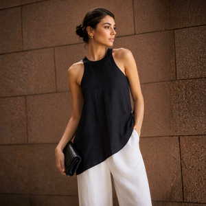 Conjunto de Pantalones Transpirables de Verano para Mujer, Estilo Moderno y Chic, Top Negro Combinado con Pantalones Anchos Blancos Casuales, Dos Piezas - Product Image 1