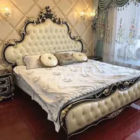 Cama King de Lujo Estilo Princesa Real Tallada en Madera Maciza Europea para el Hogar y Hotel