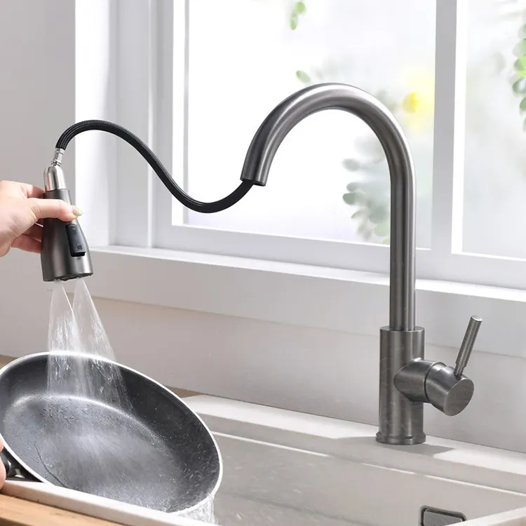 manufacturer kitchen faucet with pull out sprayer manual water mixer tap gun metal gray 2 mode new trendy design kaiping factory