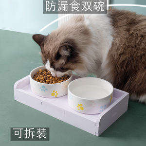 Bol en céramique personnalisé pour chat, double bol, support pour le cou, antidérapant, anti-renversement, anti-fuite, design arrondi pour chats - Product Image 5