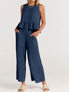 Completo Casual Estivo 2026 da <span class=keywords><strong>Donna</strong></span>: Gilet Senza Maniche e <span class=keywords><strong>Pantaloni</strong></span> a Gamba Larga a Tre Quarti, Stile Europeo e Americano - Product Image 1