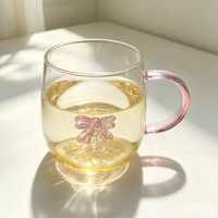 Mug en verre borosilicate fait main avec nœud rose 3D à l'intérieur, tasse à café ou à thé en verre transparent avec poignée rose, tasse à boire esthétique et mignonne
