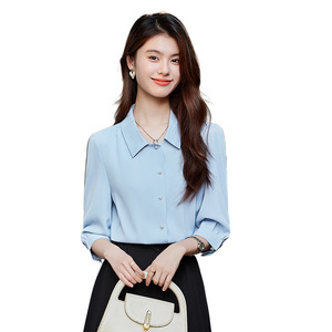 Women's Light Blue Mid Sleeve Shirt Solid Color Polyester Poplin Office Casual Blouse Elegant Style - Product Image 5