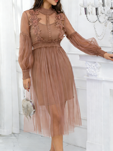 Robe trapèze décontractée marron vintage grande taille longueur mi-mollet avec manches lanternes et col rond taille naturelle ODM - Product Image 1