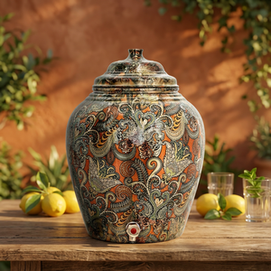 Distributeur d'eau chaude et froide en cuivre avec motif floral orange et robinet réutilisable pour usage domestique - Product Image 4