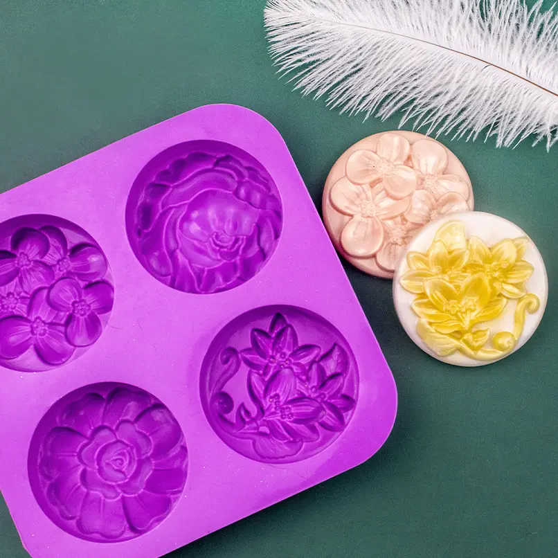 Molde de silicona para pastel de forma redonda de Flores diferentes de 4 agujeros, moldes de silicona para jabón, moldes para hacer velas