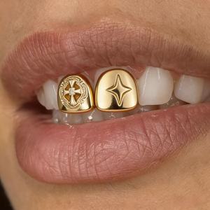 Grillz double <span class=keywords><strong>dent</strong></span> <span class=keywords><strong>en</strong></span> cuivre gravé CZ, style Hip Hop, sur mesure, haute précision, pour homme, bijoux raffinés pour rappeur, vente <span class=keywords><strong>en</strong></span> gros - Product Image 1