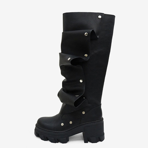 Botas altas de mujer con remaches metálicos, parte superior plisada, tacón bajo y grueso, punta cuadrada, ajuste ancho hasta la rodilla - Product Image 5