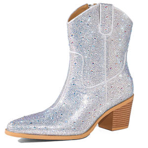 SHIKOL, botas vaqueras para mujer, zapatos de mujer, <span class=keywords><strong>botines</strong></span> de gamuza para mujer, botas de moda de media pantorrilla para fiesta de boda, botas negras con diamantes de imitación <span class=keywords><strong>plateados</strong></span> - Product Image 2