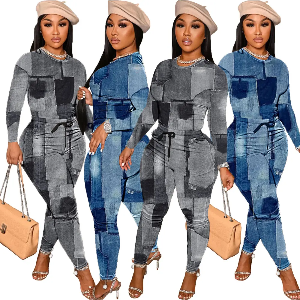 hot selling products 2022Fashion casual string pocket fashion denim print two piece set women clothing
