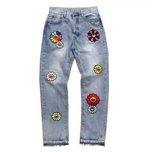 2024Unisex Fashion Wholesale Distressed Designer Custom Logo Jean Men's Casual Trousers Cotton Pants Denim Tears Jeans Men Pants