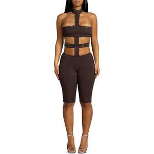 Mono ajustado sexy con cuello halter y espalda descubierta, con remaches, para mujer, ideal para discoteca o fiesta, cintura natural, tela de jersey, modelo 2026. - Product Image 3