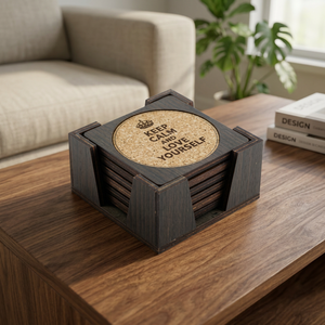 Wood Cork Coasters with Holder Round Bohemian Design 100% Eco-Friendly Multi-Size Custom Logo Print <b>Set</b> - Product Image 1