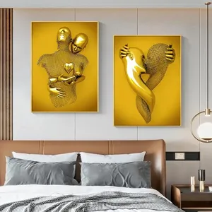 Decoração de casa dourado casal, amantes de metal figura estátua arte abstrata posteres abstrato impressão de tela pintura arte de parede