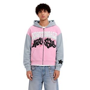<b>Pink</b> French Terry Zip Up <b>Hoodie</b> 3D Puff Print Men Custom Logo Pullover Sweatshirt Streetwear - Product Image 3