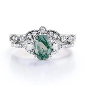 Ensemble de bagues de mariage classiques pour femmes en argent sterling 925 avec agate verte mousse ovale de 1,55 carat et perle - Product Image 6