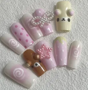Conception Personnalisée Luxe Français <span class=keywords><strong>Faux</strong></span> Ongles Artificiels Imprimé À La Main <span class=keywords><strong>Kawaii</strong></span> 3D Ours Rose Crème Faits À La Main <span class=keywords><strong>Faux</strong></span> Ongles - Product Image 4