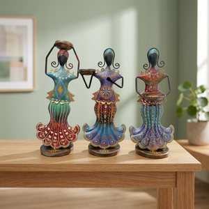 Figurines artisanales en fer de femmes tribales africaines, lot de 3 |   Statues Porte-Bougies Métalliques Colorées pour la Décoration Intérieure et le Salon - Product Image 3