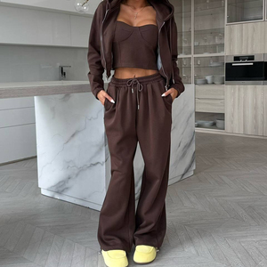 Ensemble sweat-shirt et pantalon de survêtement 2 pièces pour femme, à capuche, manches longues, coupe ample, couleur unie, en polaire, vêtements décontractés toutes saisons - Product Image 2