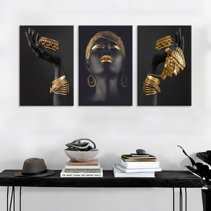 Donna africana arte della parete pittura di arte <span class=keywords><strong>Poster</strong></span> e stampe donna nera arte <span class=keywords><strong>con</strong></span> gioielli in oro tela immagine decorazione per la casa - Product Image 4