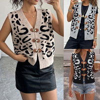 Vente en gros usine – Gilet tricoté jacquard léopard style chinois pour femme, col en V, boutons-pression, sans manches, cardigan ouvert sur le devant, débardeur