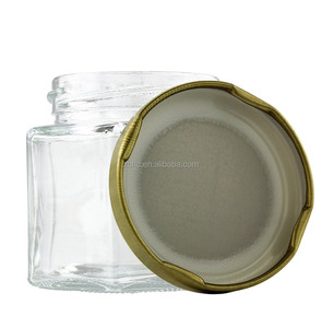 Contenedor de almacenamiento de alimentos de 4 oz, recipiente hexagonal de vidrio para pudín, gelatina, jam, miel, con tapa, fabricante, venta al por mayor, regalo de boda