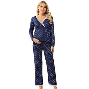 Custom Lace Trim Overlap Collar <strong>Maternity</strong> Linen Clothes Pajama Women Sleepwear Long Sleeve Nursing Breastfeeding Pregnancy - Product Image 1