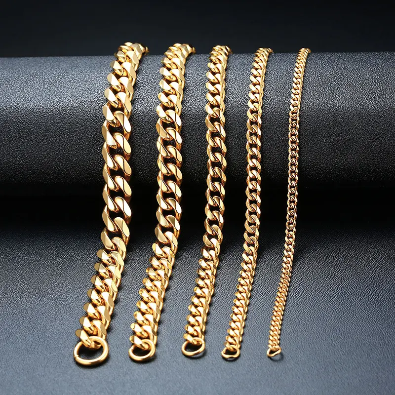Hip hop 3.6mm-11mm stainless steel 18K gold plated miami cuban link chain bracelets