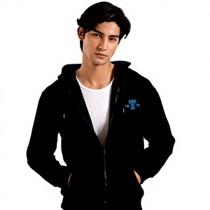 เสื้อฮู้ดซิปสีดำสำหรับผู้ชาย ผ้าฝ้ายเฟรนช์เทอร์รี่ ทรงปกติ แขนซ้าย สวมใส่สบายๆ สำหรับฤดูใบไม้ร่วง รับสกรีนโลโก้ - Product Image 1