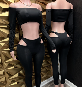 Viviblook J25ST318 Trajes de otoño invierno Sexy Top corto de manga larga con pantalones ajustados ahuecados Conjunto de 2 piezas para mujer - Product Image 1