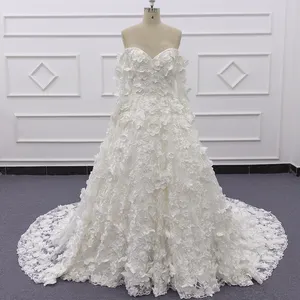 Eslieb SJ297 foto real marfil 3D Flor de encaje Corazón de encaje en la espalda de manga larga elegante Vestido de boda Vestido de baile