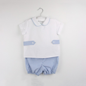 Set Estivo Personalizzabile per Neonati e Bambini: Camicia Bianca <span class=keywords><strong>con</strong></span> Colletto e <span class=keywords><strong>Pantaloncini</strong></span> a Righe Blu, <span class=keywords><strong>Outfit</strong></span> Coordinato per Fratelli e Sorelle - Product Image 1