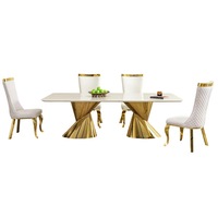 Ensemble de table à manger carrée contemporaine en marbre avec base en acier inoxydable doré, 6 chaises rembourrées pour appartement et hôtel