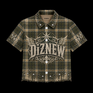 DiZNEW Set Personalizzato <span class=keywords><strong>Camicia</strong></span> a Quadri e Pantaloncini in Denim con Catena per <span class=keywords><strong>Uomo</strong></span>, Strass e Schizzi di Vernice, Stile Gotico Grunge Y2K, Set 2 Pezzi Effetto Vissuto BSCI - Product Image 2