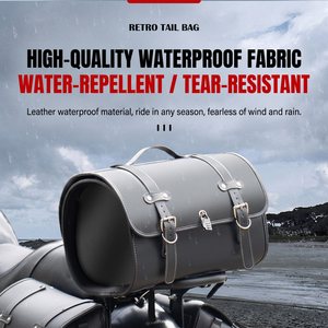 Sac de bagages pour siège arrière de moto 33L, forme de baril rétro, sac de coffre en cuir imperméable, support universel pour porte-bagages arrière - Product Image 4