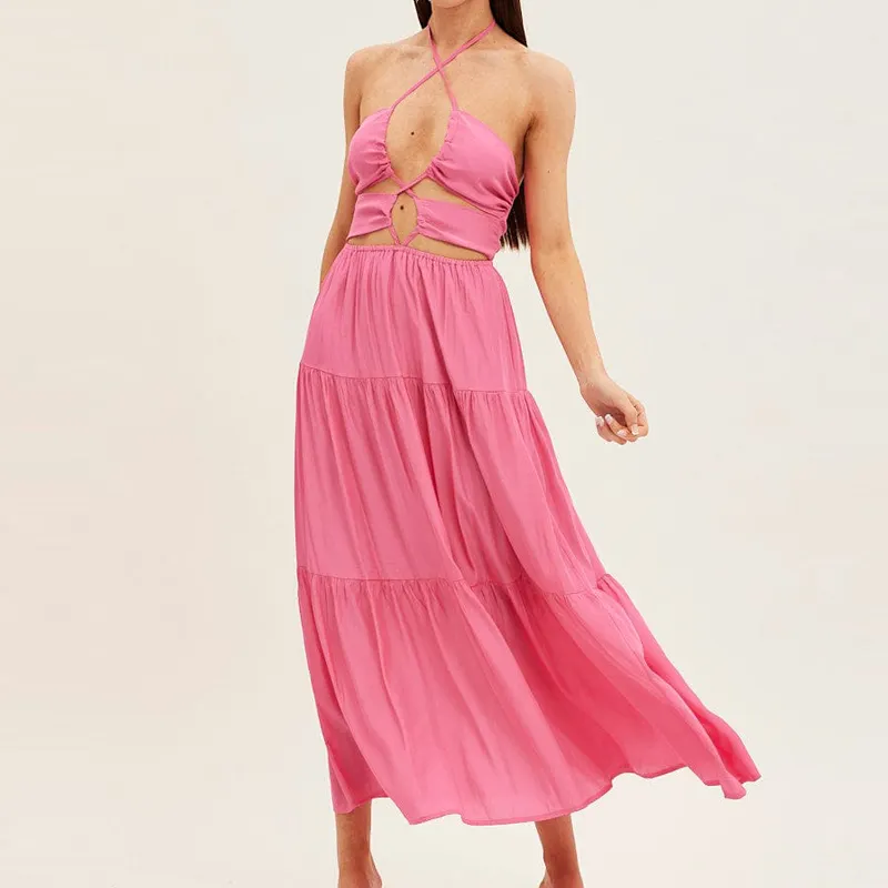 कस्टम डिज़ाइन कट आउट बैकलेस महिला हाल्टर गुलाबी लंबी कैज़ुअल मैक्सी सेक्सी पोशाकें