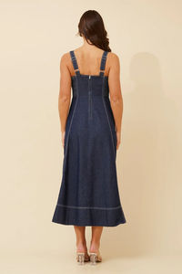 เดรสยีนส์ผู้หญิงทรงคามิมิดิ ติดกระดุมด้านหน้า แต่งตะเข็บตัดกัน พร้อมกระเป๋าใช้งานได้จริง - Product Image 4