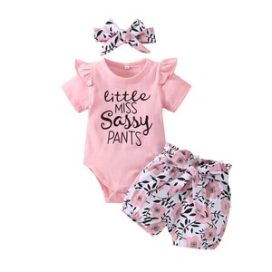 Conjunto de Ropa para Bebé Niña Recién Nacida, Amarillo, Tres Piezas, Estampado de Letras, Manga Corta, Estilo Casual para Verano - Product Image 3