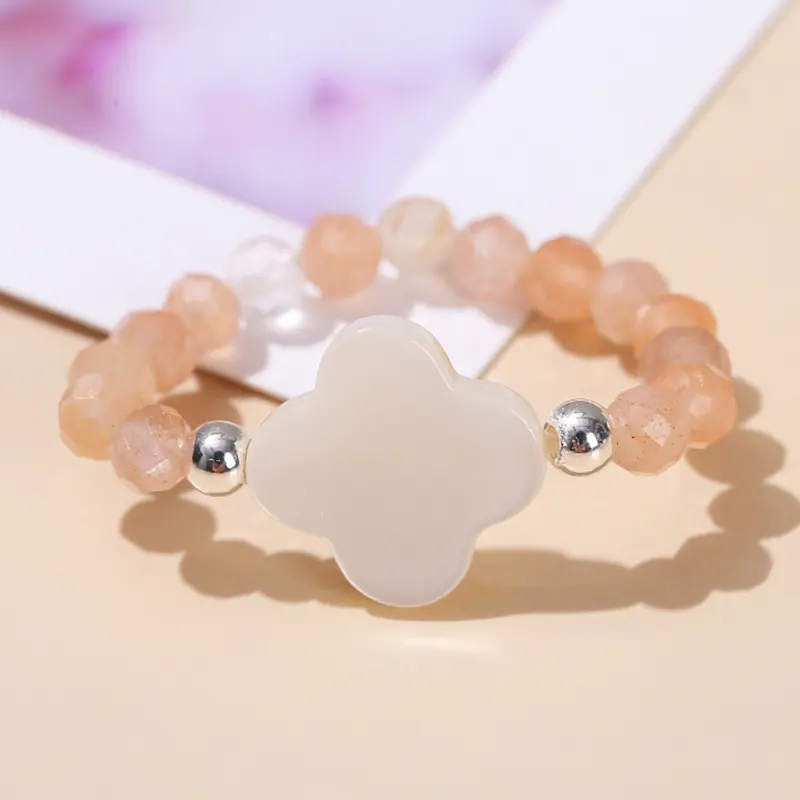 Natural stone sunstone round beads tail rings for women fashion small gemstone shell four-leaf clover elastic ring