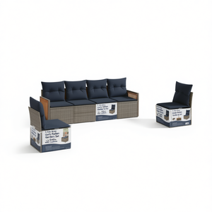 Juego de sofás de jardín de ratán sintético gris de 7 piezas con cojines, muebles de exterior - Product Image 1