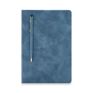 Custom Logo Printed Blue PU Leather Eco Notebook A5 Business Office Stationary Diary Lay Flat Portable Dot Gird Journal With Pen