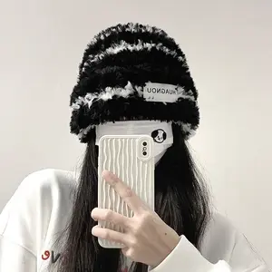 Fashion Black And White Striped Plush Knitted Hats Autumn And Winter Warm Cap For Women