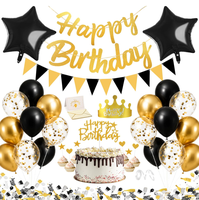 Bannière Joyeux Anniversaire Noir et Or, Drapeaux Triangulaires, Carte Enveloppe, Couronne, Décorations de Gâteau, Confettis, Ballons en Latex pour Décoration de Fête d'Anniversaire