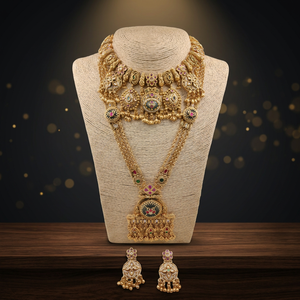 Conjunto de Collar Largo y Gargantilla de Lujo Estilo Templo Antiguo con Piedras Kemp, Colección de Joyería Nupcial Tradicional - Product Image 3