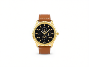 Orologio da uomo con cassa rotonda placcata in oro, cinturino in pelle, cronografo, orologio alla moda - Product Image 1