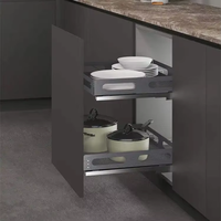 Étagère d'angle magique de cuisine TKK personnalisable à deux niveaux avec panier coulissant gris et support à épices, design moderne